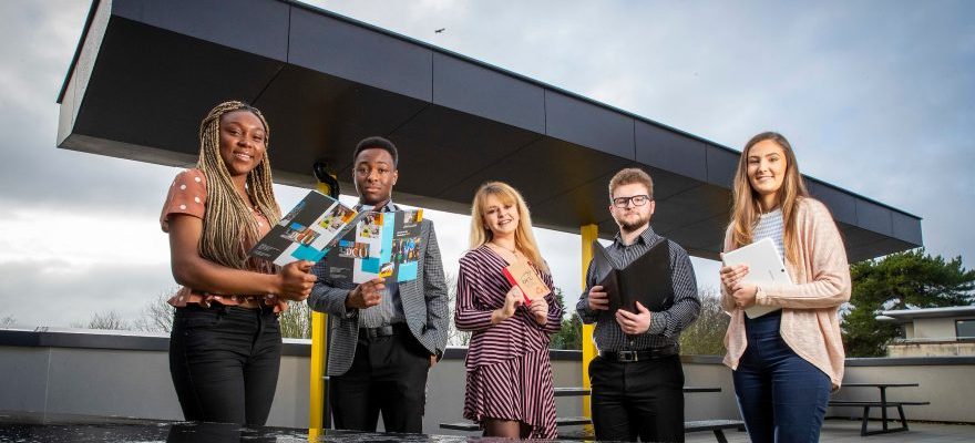 Glory Joseph, Business studies student , Eromonsele Clements, Mechatronic enjineering student, Amy Nannery, Law and Politics student , Ben Clarke, Compueter Applications student and Lauren Heffernan, DCU Mechatronic Engineering student all pictured at the launch of DCU’s Access to the Workplace Programme for 2020 in DCU’s Glasnevin campus today, where DCU announced plans to double the number of summer work placements on offer to students from disadvantaged backgrounds through the programme to 100 next year. Pic: Marc O'Sullivan