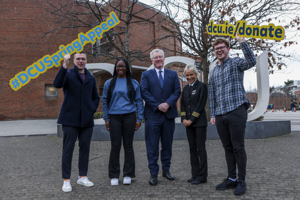 President Dáire Keogh and graduates including pilot Lisa Cusack, Dublin GAA star Paddy Andrews, Thomas O’Dowd, President of DCU Students Union, and student Queen Lawal